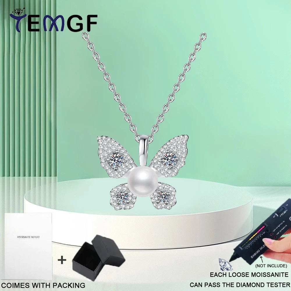 

TEMGF 925 Sterling Silver Butterfly Pendant Necklace Moissanite Freshwater Pearl Inlay Sparkling Fine Jewelry Charm Fashion Item