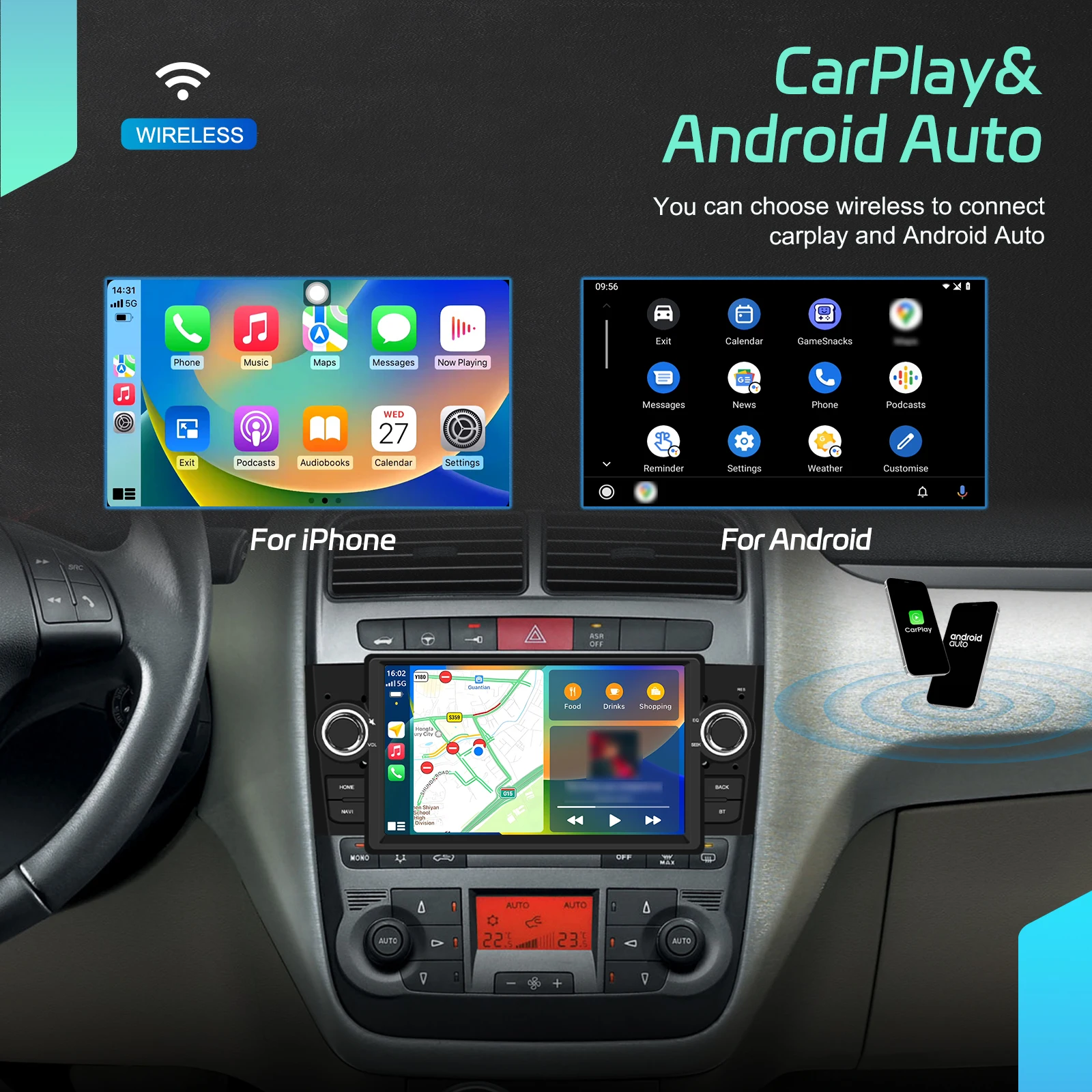 Podofo 9-Zoll Carplay 2Din Autoradio für Fiat Punto 2005-2009 Linea 2007-2011 Android Auto Multimedia-Player GPS-Navigation WiFi FM/RDS DSP – Detail 7