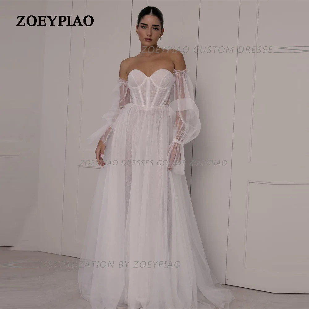 

Simple Civil A Line Wedding Dresses Gowns for Bride Long Sleeve Tulle Beach Bride Dress Floor Length Princess Wedding Gowns