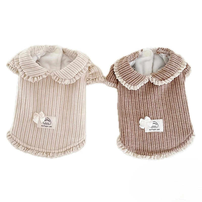 Pet Corduroy Striped Base Shirt with Autumn and Winter Velvet Clothes Doll Collar Bubble Half Sleeved Lace Hoodie Puppy Clothes