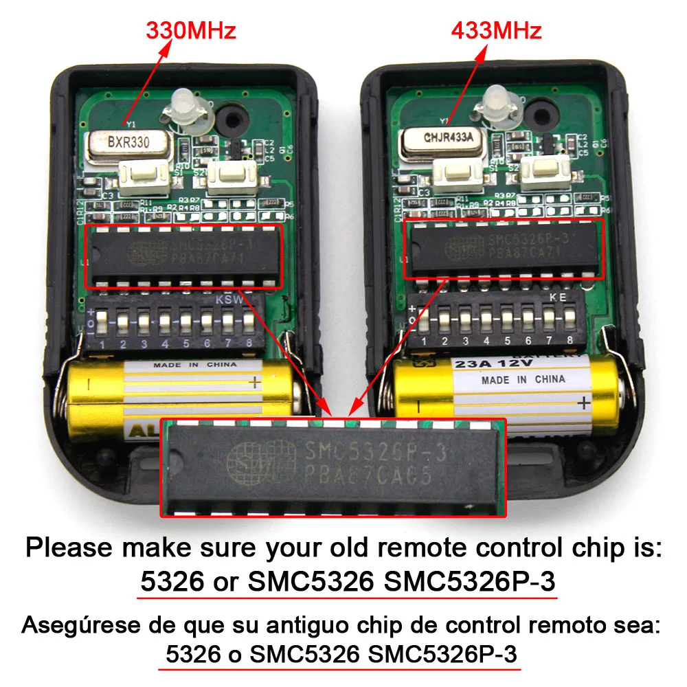 433Mhz 8 Dip Switch Fixed Code 2 Button 330Mhz Duplicate Remote Control for Gate Garage Door Opener or Alarm System 433 330 MHz