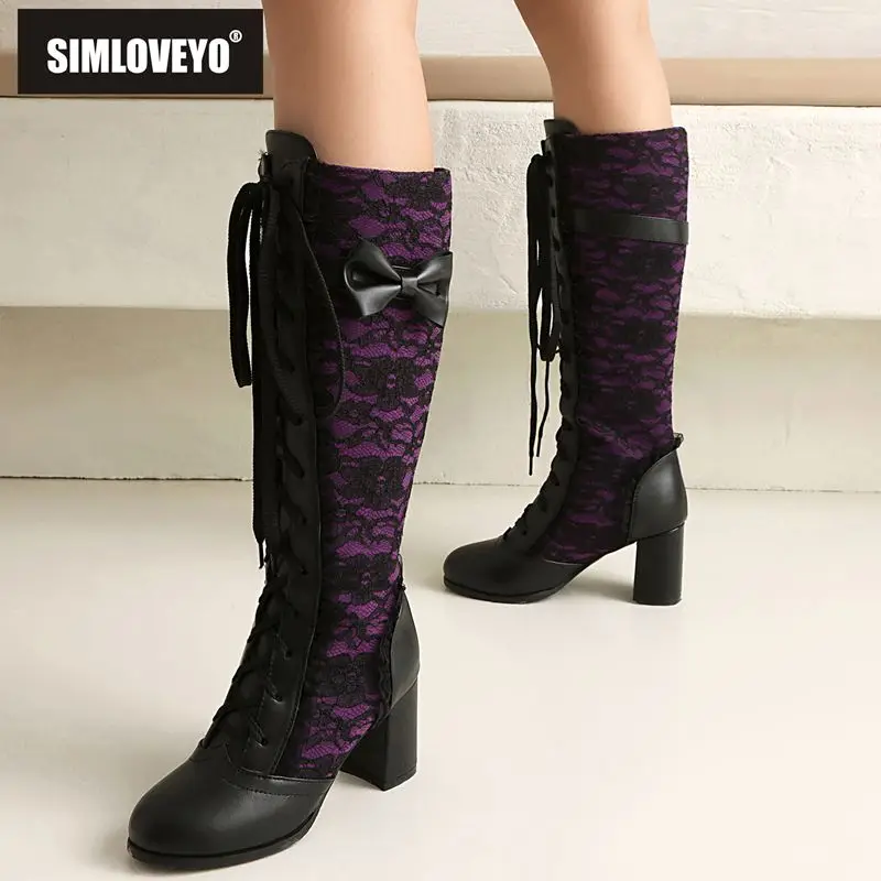 SIMLOVEYO Women's Knee-High Boots Casual Round Toe 6.5cm Thick Heels Lace-Up Multiple Colors Big Sizes 42-48 Party Footwear