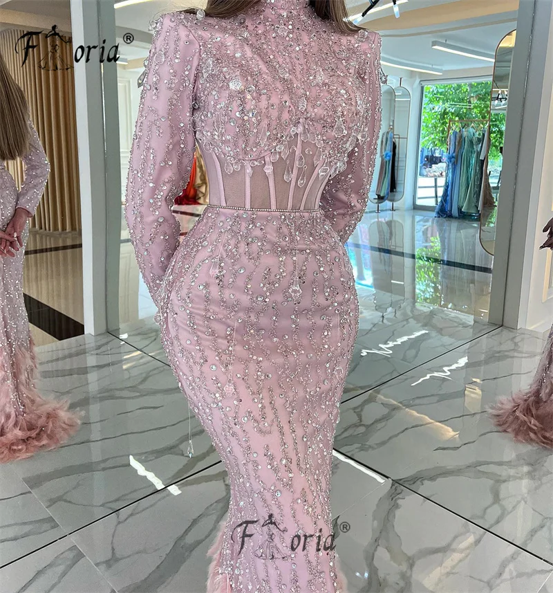 Light Pink Sequined Formal Dubai Evening Dresses Mermaid Crystal Feathers Party Gowns For Weddings 2024 Long Sleeves Prom Dress