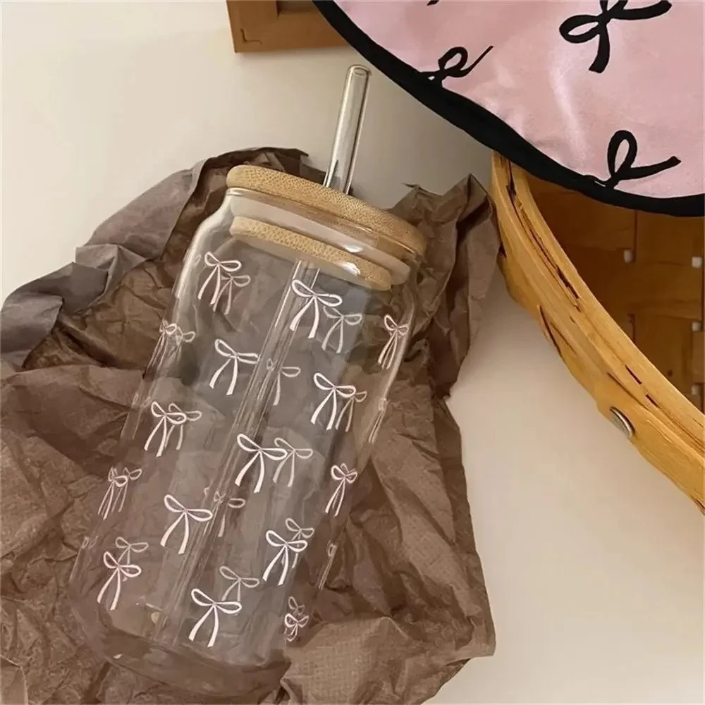 

Butterfly Printed Glass Cup, Girl Heart Fresh Straw Cup with Bamboo and Wooden Lid, Coffee Student Milk Cup