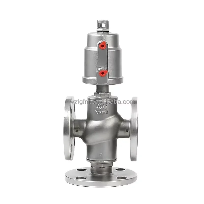 CF8 Stainless Steel Flanged Pneumatic Angle Seat Valve 3 Way PN16 Steam Fluid Control Diversion Industrial Pipeline Fitting
