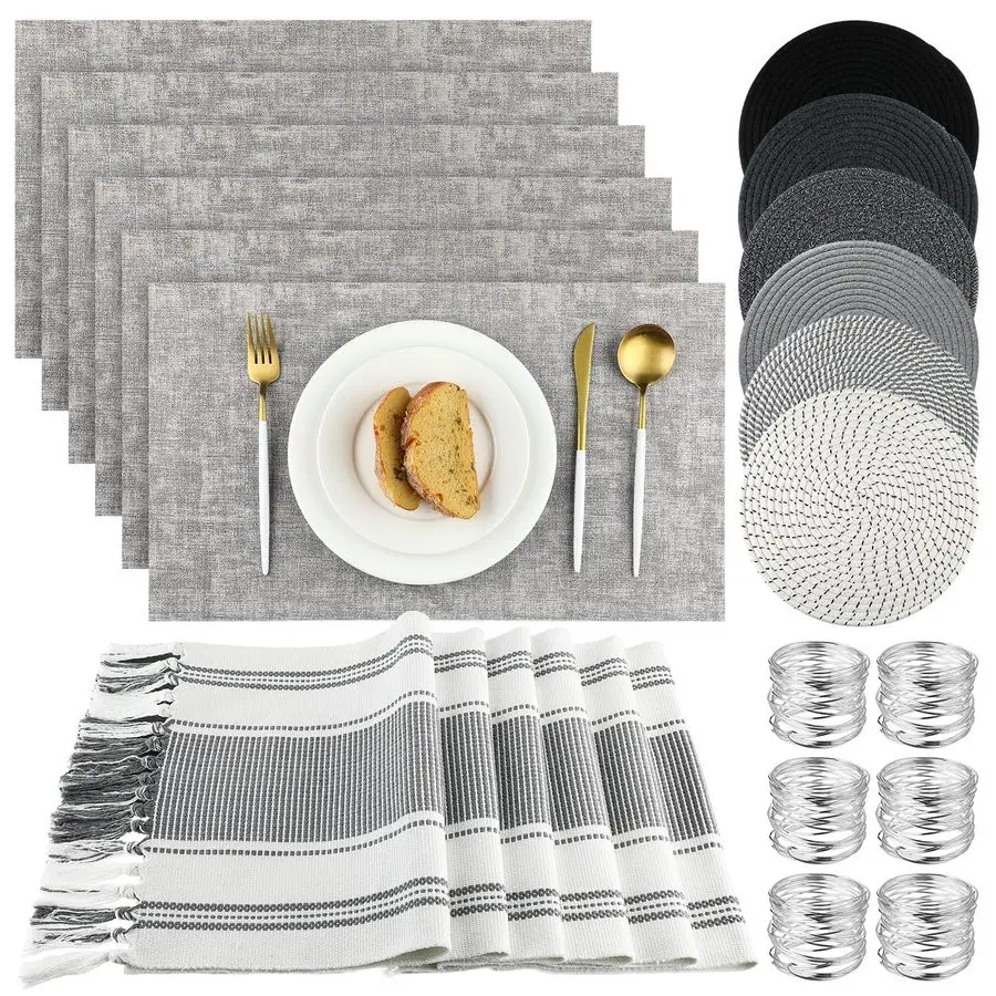 

19 Pcs Table Runner Placemat and Napkin Ring Set Modern Woven Macrame Runner with Tassel 11.8 x 106.3 Round and Rectangle Table