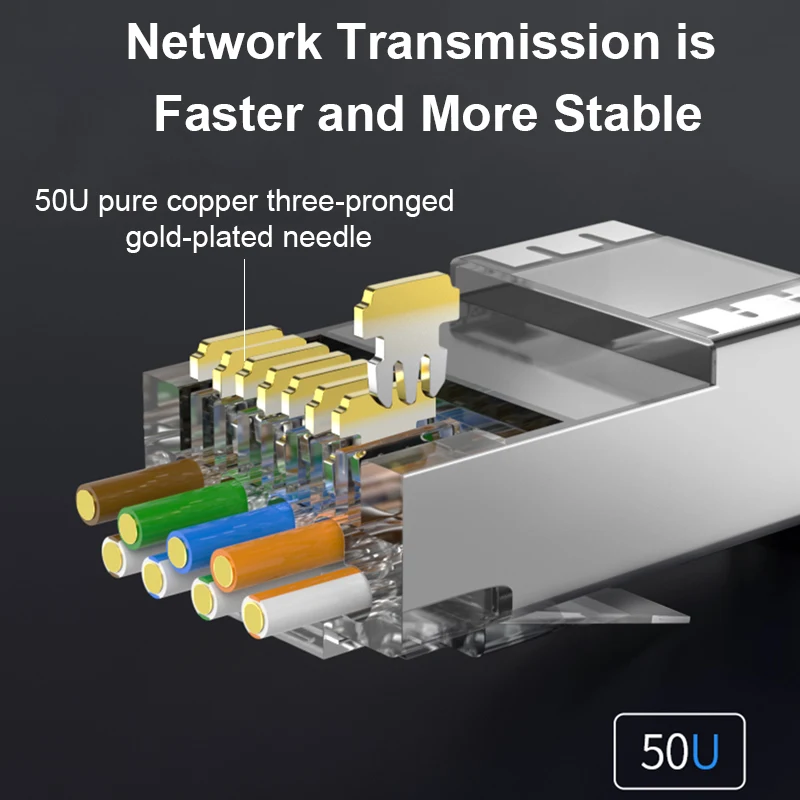موصلات OMAY CAT6 CAT7 CAT5E RJ45 تمر عبر شبكة التوصيل المعياري UTP 3/50μ مطلية بالذهب 8P8C نهاية تجعيد لكابل إيثرنت