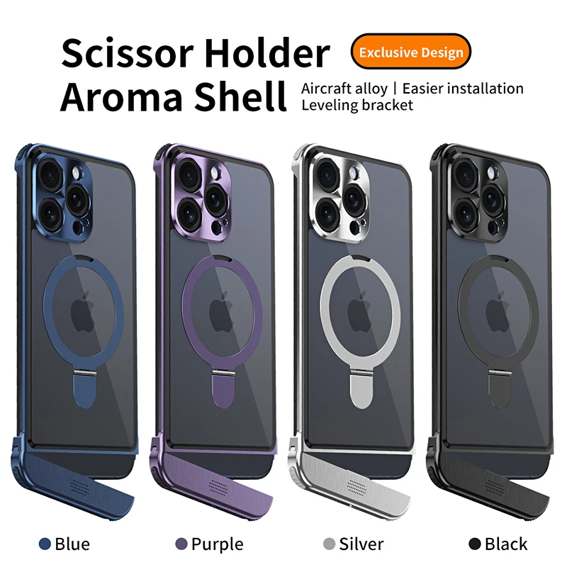 

New Luxury Aluminum Alloy Metal Aromatherapy Case For Iphone 15 14 13 12 Pro Max With Invisible Bracket Protective Phone Cover F