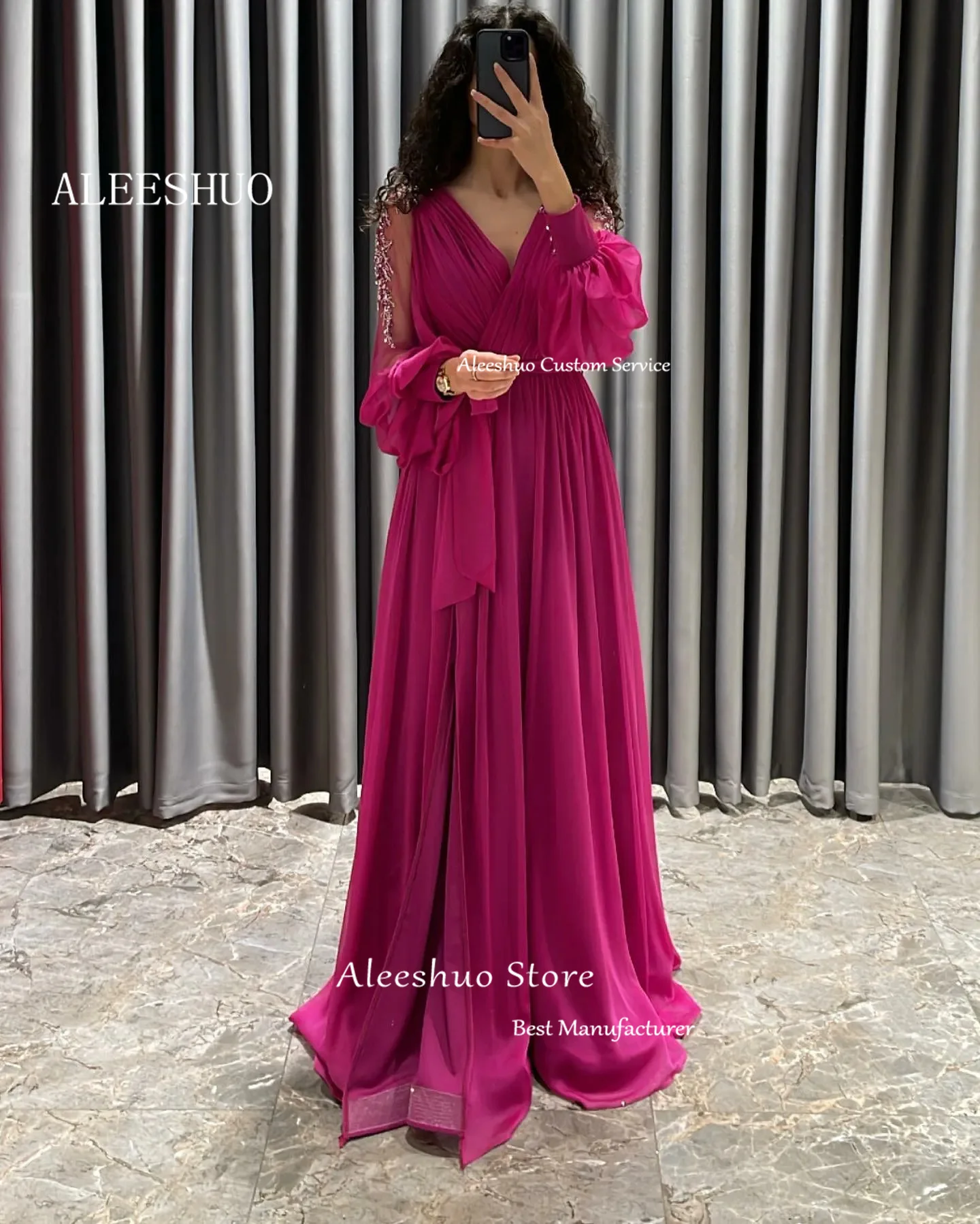 Aleeshuo Groene Kralen Prom Jurken Chiffon Bruiloft Feest Lange Mouw V-Hals Formele Prom Feestjurken Side Split Womens Avondjurk