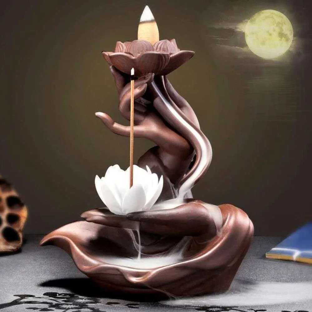 Ceramic Backflow Incense Burner Hand Shape Lotus Flower Incense Burner Fountain Zen Ash Catcher Incense Stick Holder Yoga