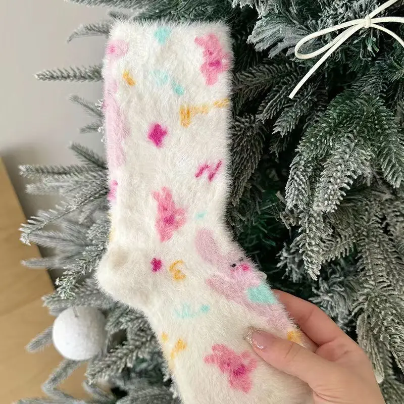 Women\'s Autumn Winter Socks Mid Tube Cute Mink Velvet Sock Thickened Warm Sleeping Floor Stockings Furry Solid Color Simple Sock