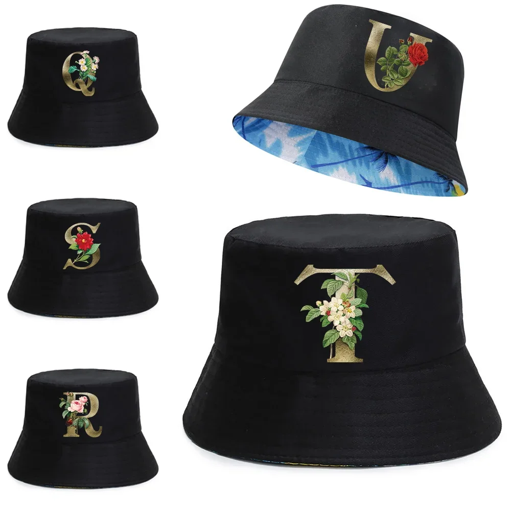 

Women Reversible Fisherman Caps Summer UV-proof Sun Cap Pure Cotton Double-sided Bucket Hat Golden Flower Print Men Fishing Hats