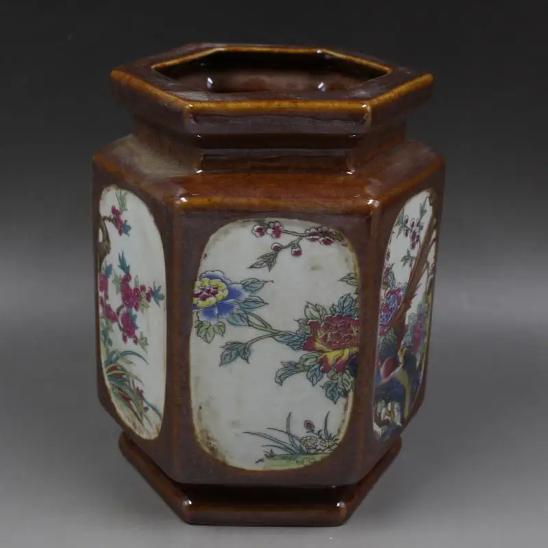 Qing Qianlong Pastel Flower and Bird Hexagonal Pen Holder Antique Antique Old