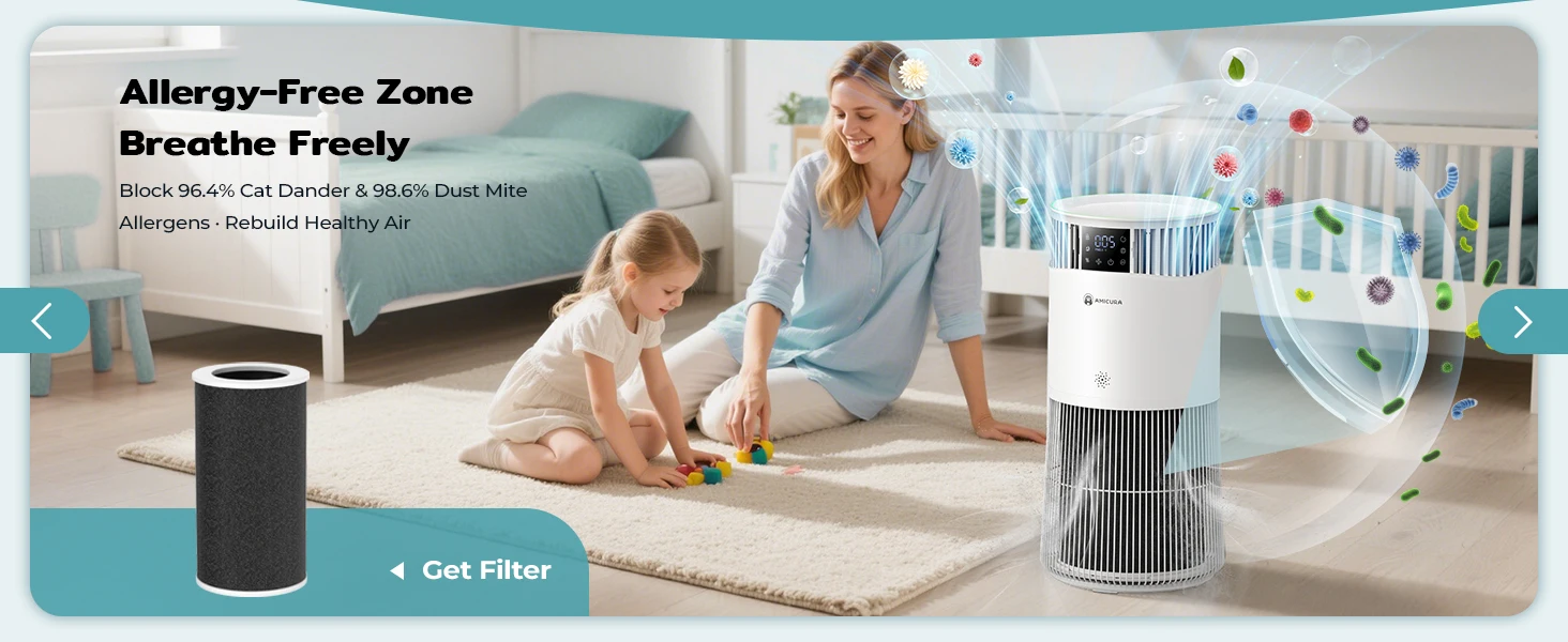 Amicura P2 2-in-1 Luftreiniger mit Luftbefeuchter-Kombination für Zuhause, gegen Allergien und Tierhaare, für Raucher im Schlafzimmer, H13 True HEPA-Filter – Detail 3