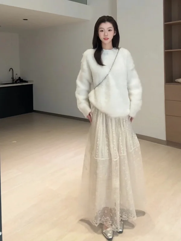 

Женская длинная юбка больших размеров с кружевной вышивкой и цветочным узором, свободного кроя, осенне-зимняя новинка, комфортная, с высокой талией, А-силуэт