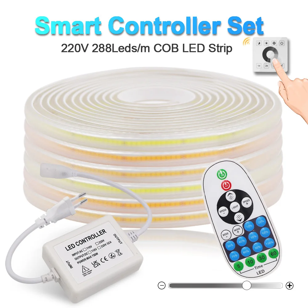 Wall Touch COB LED Strip Light 220V 110V Remote Control 23key Power Kit 288 LEDs Flexible Tape High Density Linear Lighting