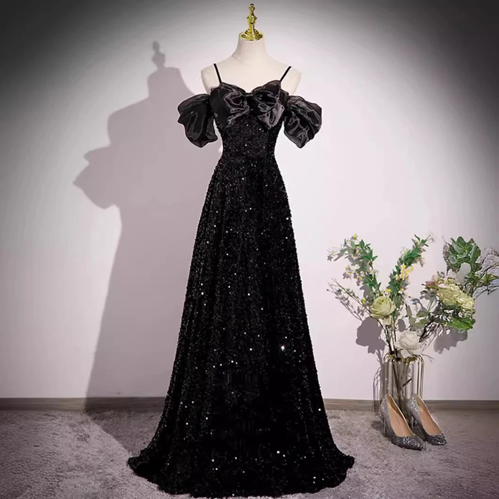 

Elegant Black Sequins Women's Off Shoulder Pleated Bow Design Slim Fit Light Luxury Long A-line Prom Gown Female Formal Vestid