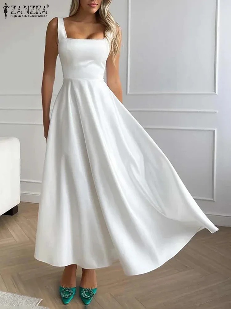 ZANZEA femmes élégantes Robe de soirée sans bretelles 2025 été Sexy Satin débardeur robes col carré Maxi robes vacances taille Robe