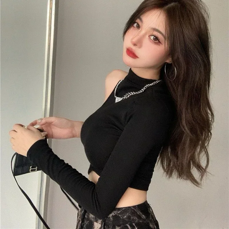 Sexy Crop Tops Women Asymmetric Fashion Skinny Off Shoulder Long Sleeve T-shirts Streetwear Chic Punk Ulzzang Casual Ins Spring