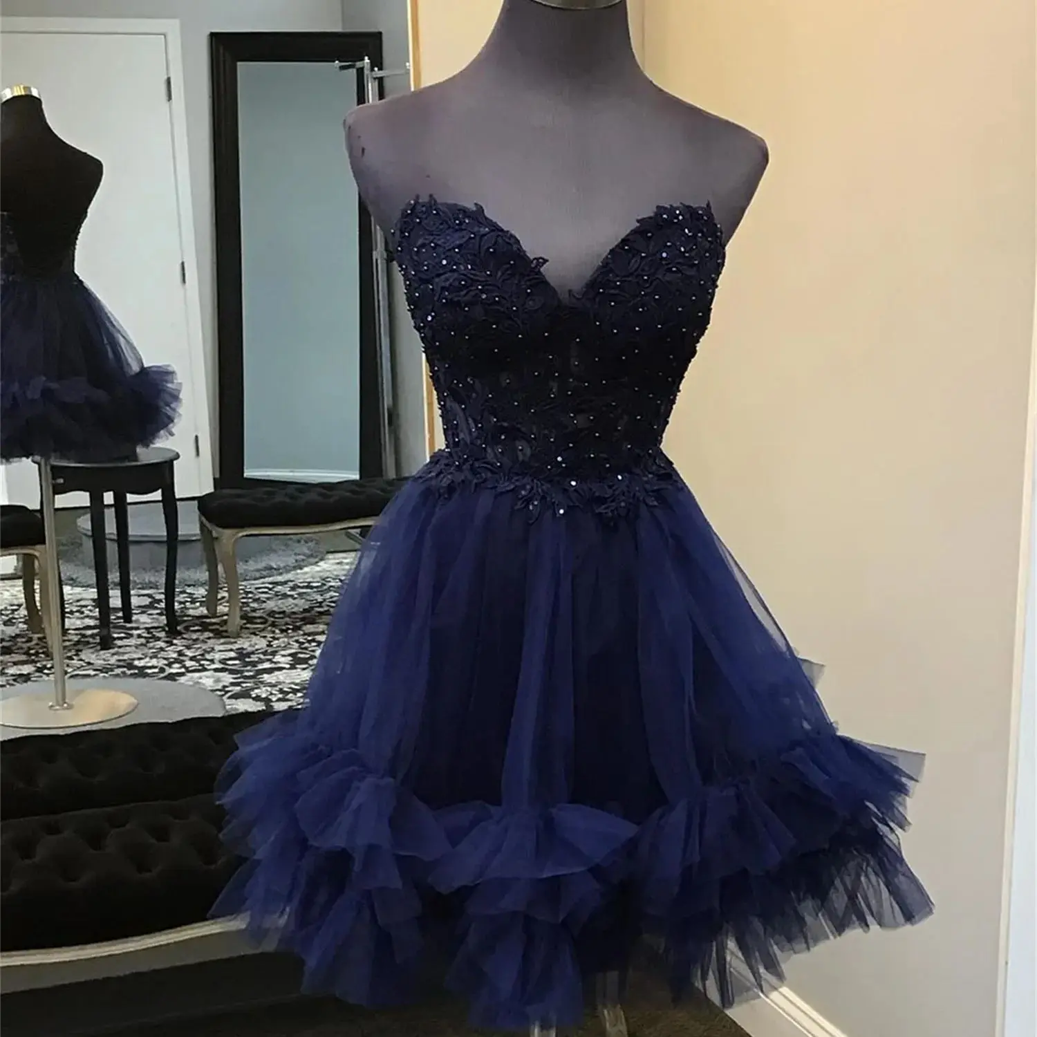 

Aileen Hand Beading Navy Blue Sweetheart Cocktail Dress Short Style Corset Dresses Gala Evening Party Elegant Woman Prom Wedding