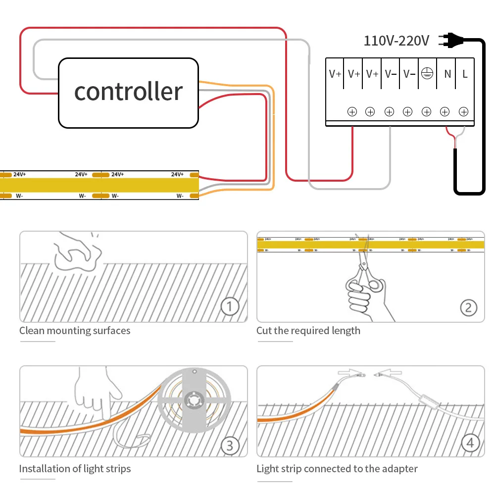 FOB COB CCT LED Strip Light 608/624 Leds/m High Density Flexible COB 8mm Led Lights RA90 2700K to 6500K Linear Dimmable DC24V