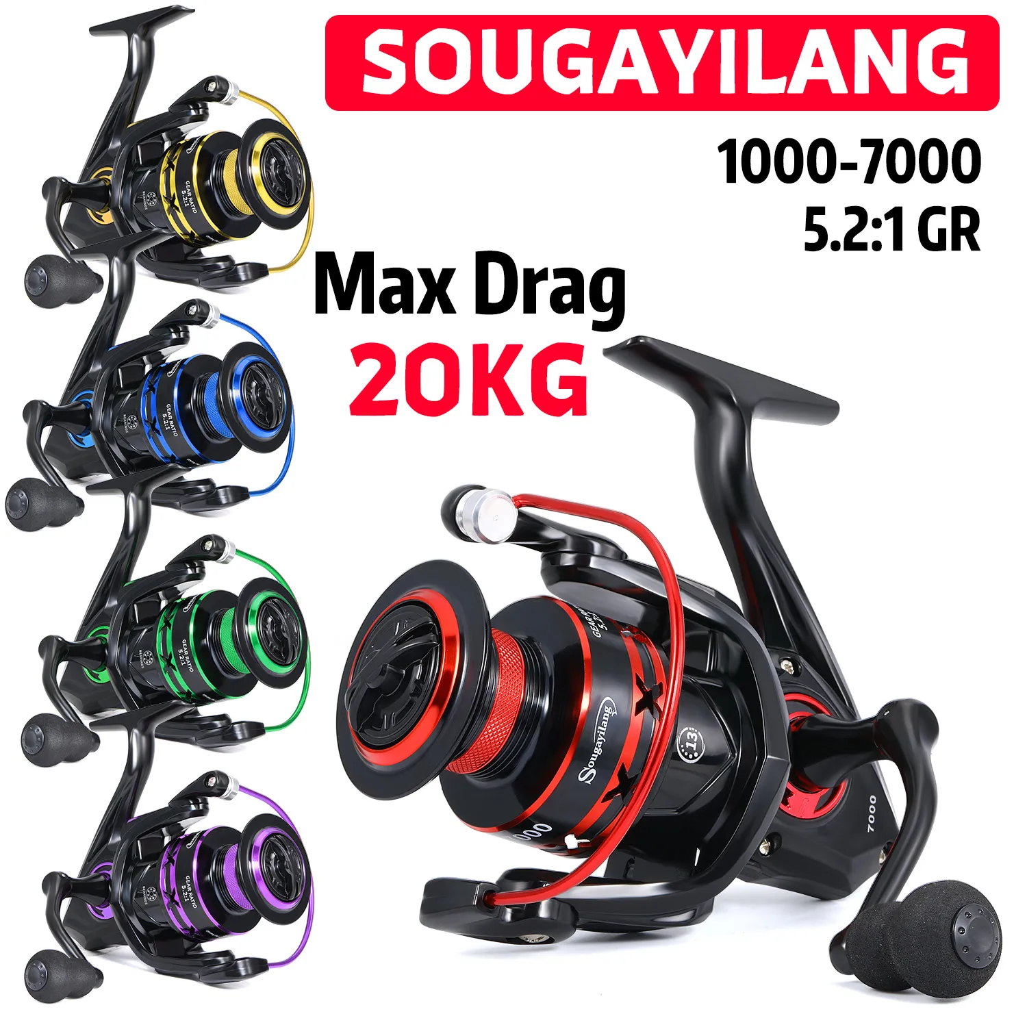 Sougayilang Angelrolle 1000-7000 Spinnrolle mit Edelstahlkugellager, 15 kg maximale Bremskraft, für Karpfenangeln