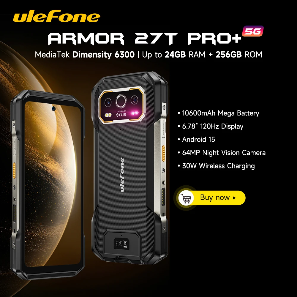 Ulefone Armor 27T Pro+ 5G 10600mAh 64MP Night Vision Up to 24GB+256GB Rugged Smartphone Android 15 6.78'' 120Hz LCD