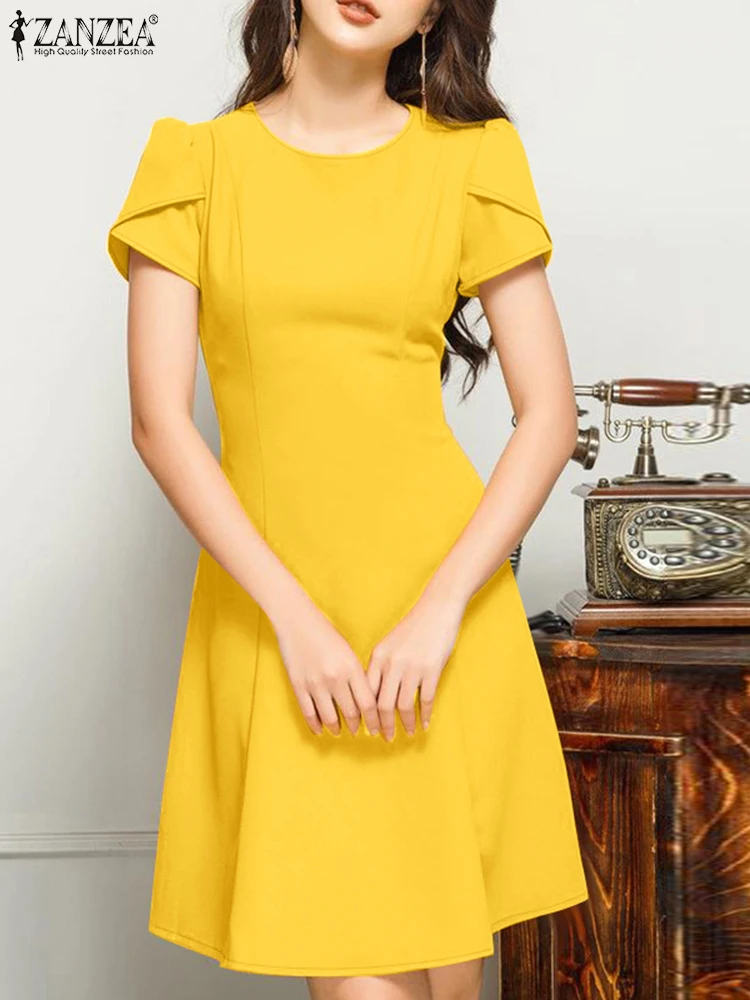 ZANZEA 2025 Summer Dress Women Elegant Short Sleeve Waisted Party Sundress Solid Work OL A-line Dresses Stylish Knee-length Robe