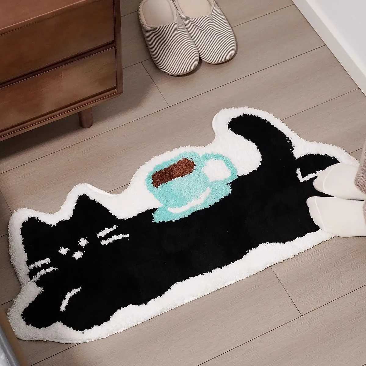 حصيرة أرضية لطيفة على شكل قطة سوداء مع تصميم فنجان القهوة سجادة ناعمة متدفقة لمنطقة أريكة السرير سجاد ماص مانع للانزلاق ممسحة