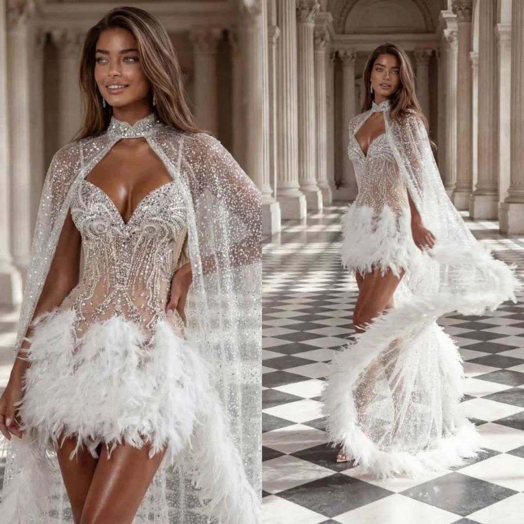 

Luxury Mermaid Wedding Dresses Jewel Sleeveless Feathers Crystals Floor Length Bridal Gowns Customized Robe de mariée