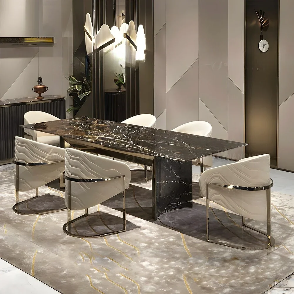 Italian minimalist marble dining table, large villa, rectangular dining table