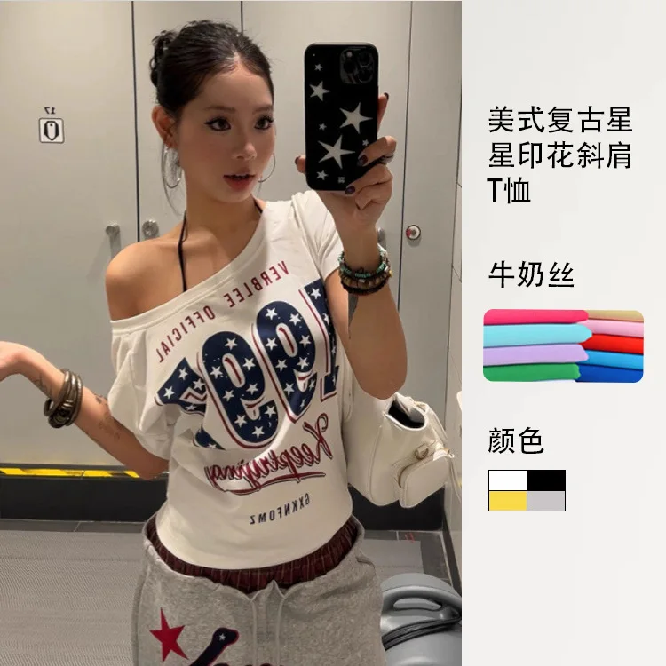 Summer Women Basic Model Letter Print T-shirt American Retro Star Skew Hot Girl Short Sleeve Top Street Style Slim Fit