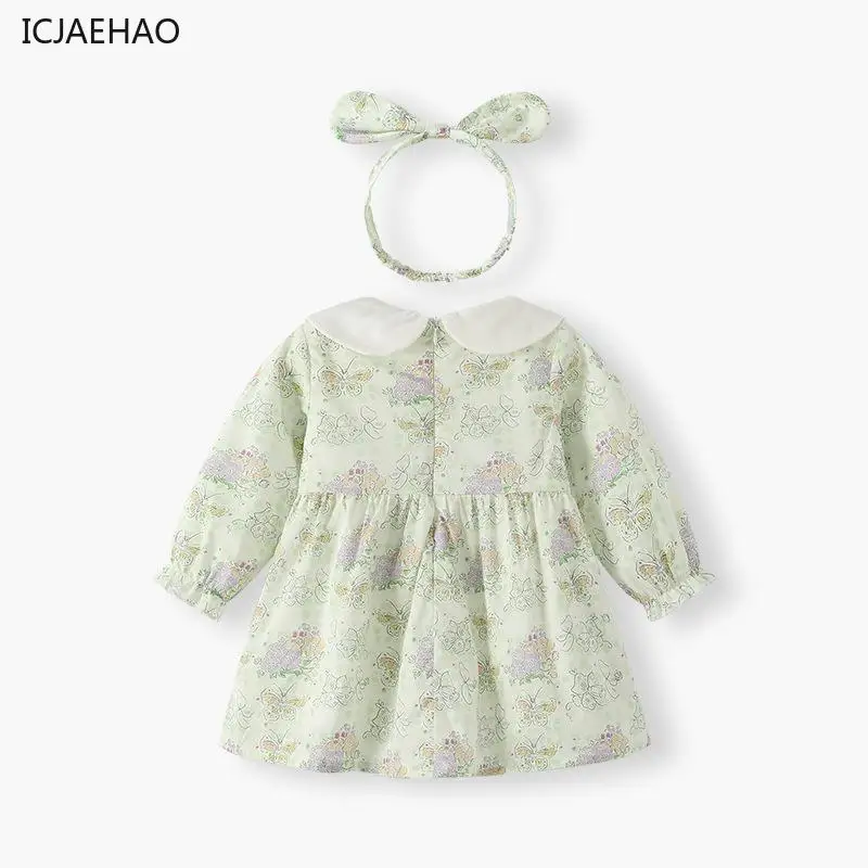 ICJAEHAO 2025 Flower Print Fashion BabyA-Line Dress Cute Children's Clothing Girl Romper Long Sleeved Embroidery Smoked Girls