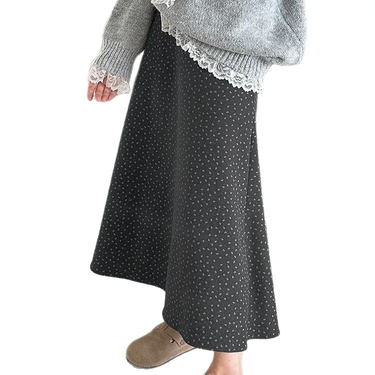 Elegante gonna longuette grigia a pois floreali per le donne Harajuku retrò allentato grande altalena ombrello gonne primavera casual ufficio pendolari