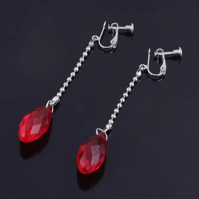 Red Water Drop Chains Stud Kurapika Kurta Cosplay Earrings Anime Hunter x Hunter Clip Earrings for Women Men Jewelry Gift