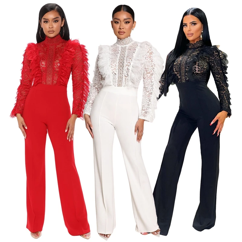 

Elegant Lace Stiching Patchwork Wedding Evening Jumpsuit Long Sleeve Ruffle Sexy See Through One Pieces Party Overalls Rompers