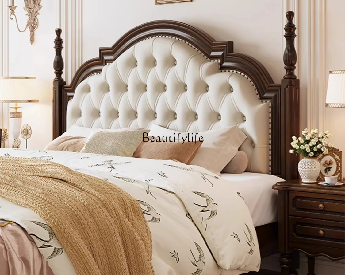 

American Style Solid Wood Bed Vintage Country Soft Pack Walnut Color High Box Storage Bed