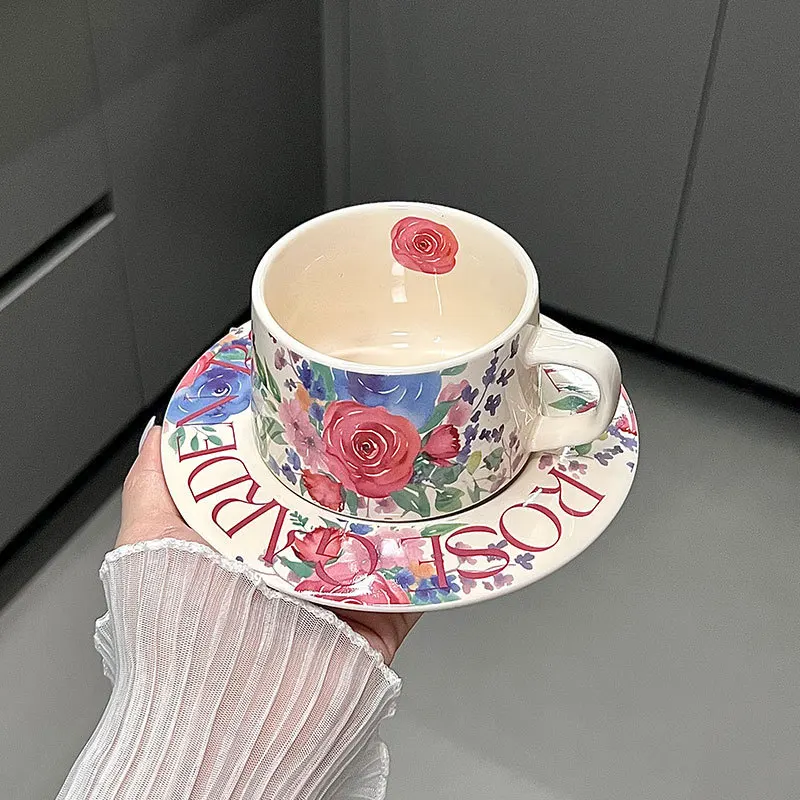 Vintage Ceramic Latte Art Cup with Saucer Roses & Violets Pattern Barista Espresso Teacup for Cappuccino Porcelain