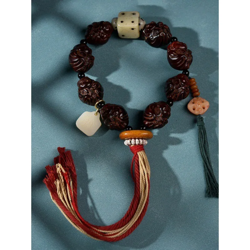 Tibetan-style red with engraved Maitreya Buddha, large-sized cultural item, yak horn God of Wealth bracelet fo