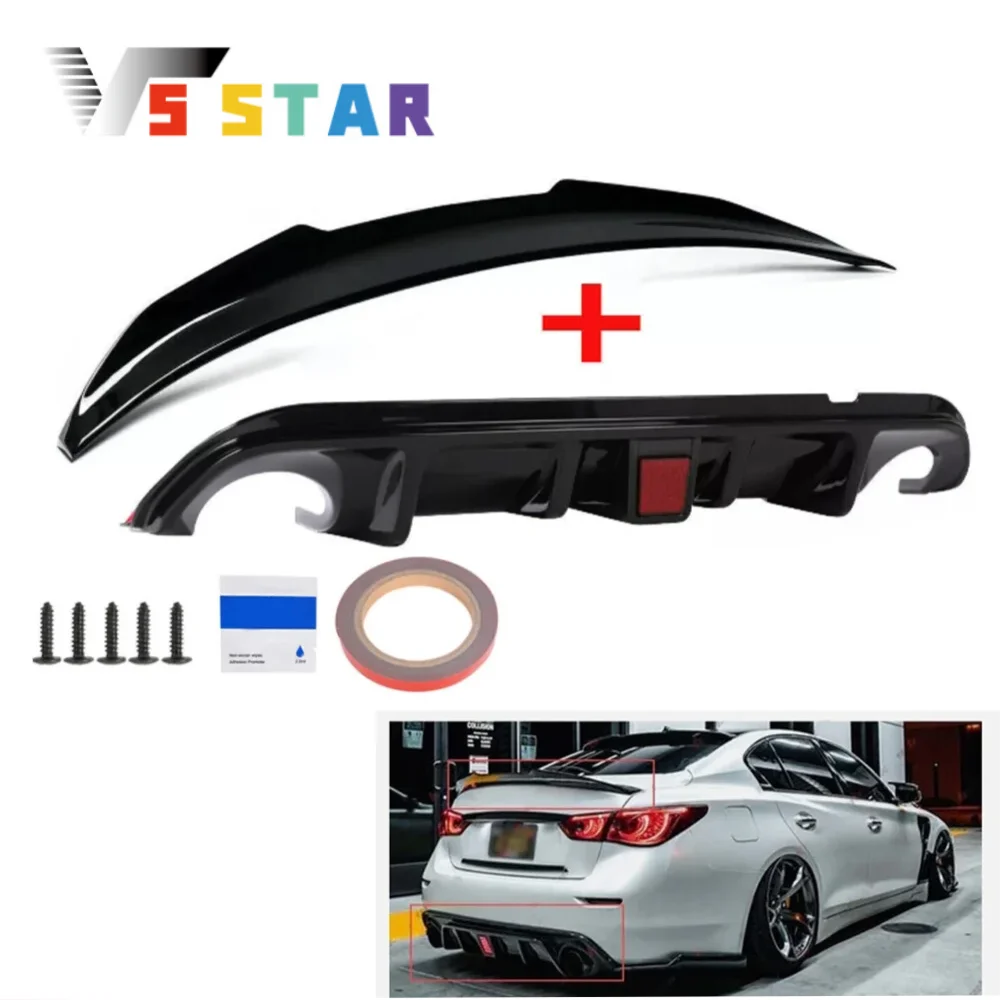 

Прочный окрашенный АБС-пластик, задний спойлер багажника с утконосом + диффузор заднего бампера со светодиодной подсветкой для Infiniti Q50 2018-2023 Black