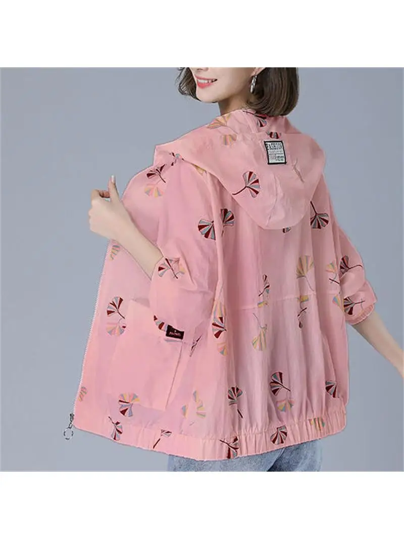 LIBIELIY 2024 New Summer Jacket Women Sun Protection Clothing Fashion Middle-Aged Mother Casual Loose Hooded Thin Windbreaker C