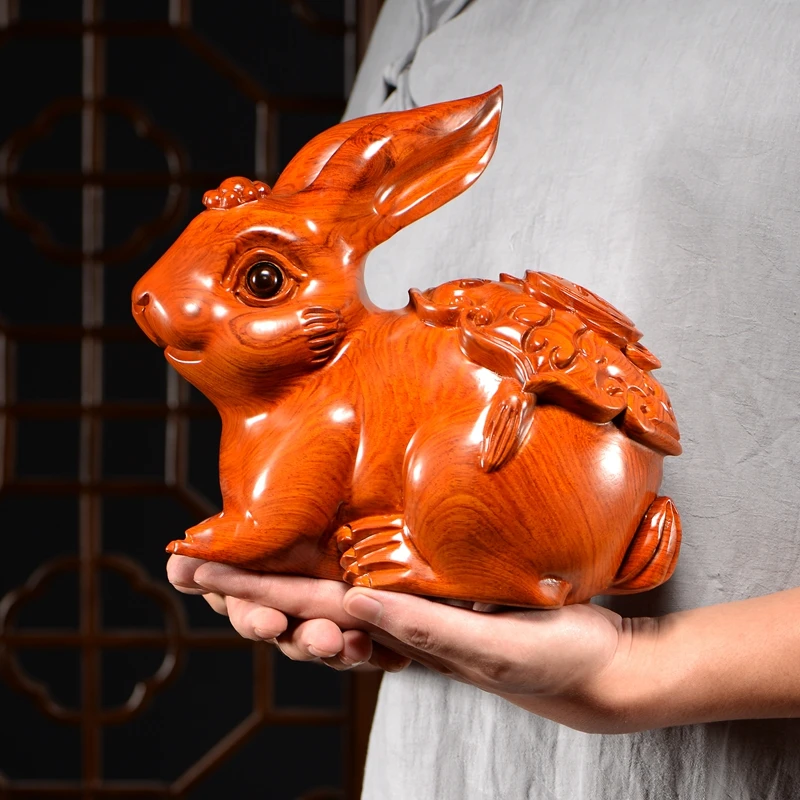 Wood Carving Ornaments Rabbit Simulation Animal Sculpture Embossed Wooden Handicraft Ornament Home Decoration Figures