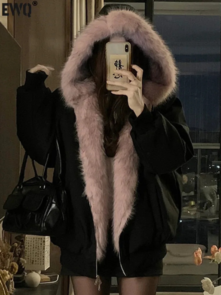 [EWQ] Streetwear Hooded Double-sided Wearable Fur Jacket Fashion Women Warm Long Sleeved Cotton-padded Coat  2024 Winter 16O3657