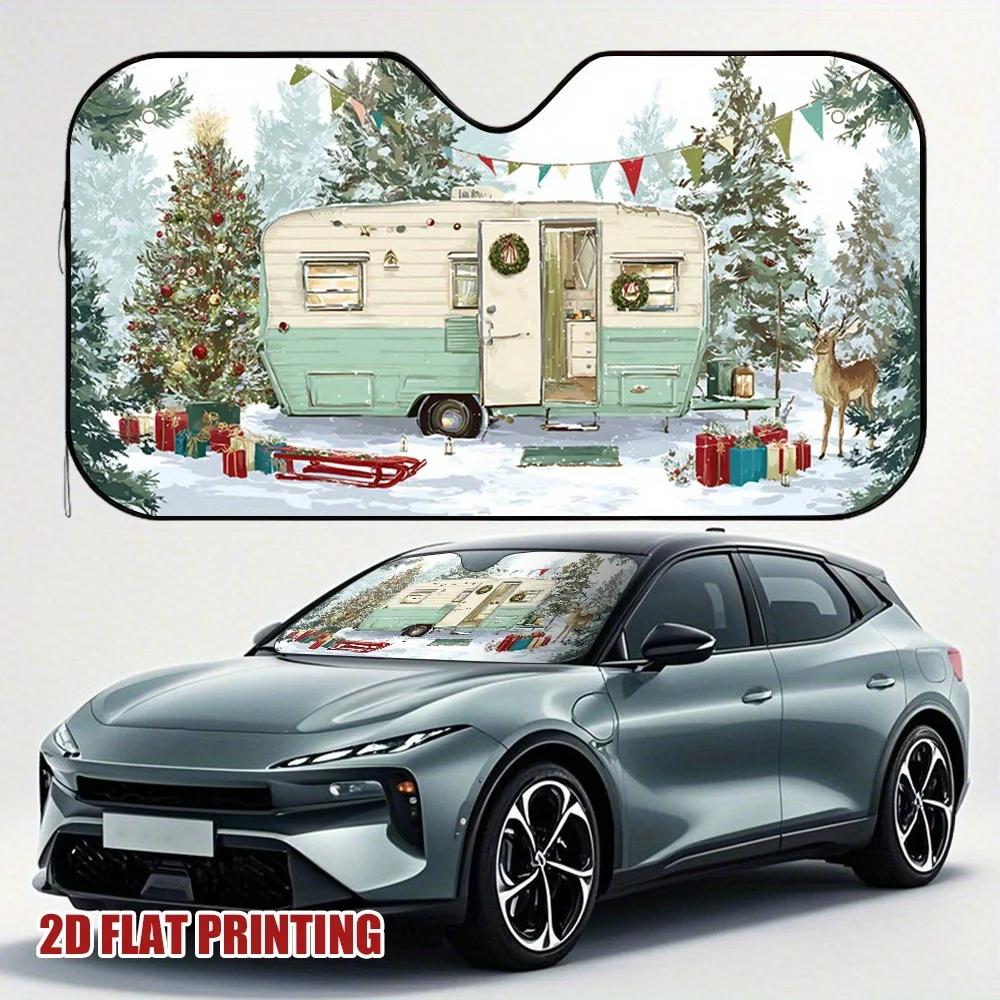 1pc Winter Wonderland Camp Car Sun Visor With Festive Snowy Camper & Christmas Trees Design, Easy Installation Fit, Powerful Sun