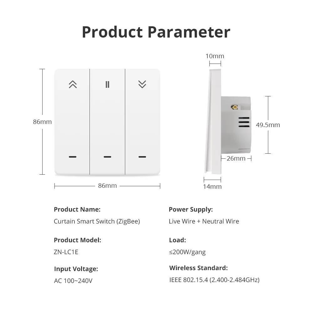 Yagusmart Zigbee Smart Curtain Switch for Roller Shade Motor Push Switch Work with Tuya Smart Life APP Alexa Google Home