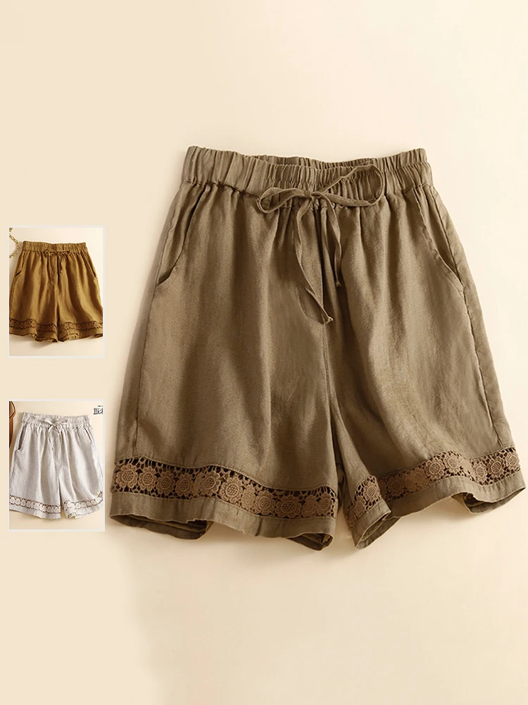 

plus Size Women's Cotton Linen orts Retro Hollow Lace Splicing Elastic Waist Casual Pants Linen Straight Leg Wide Leg Trousers