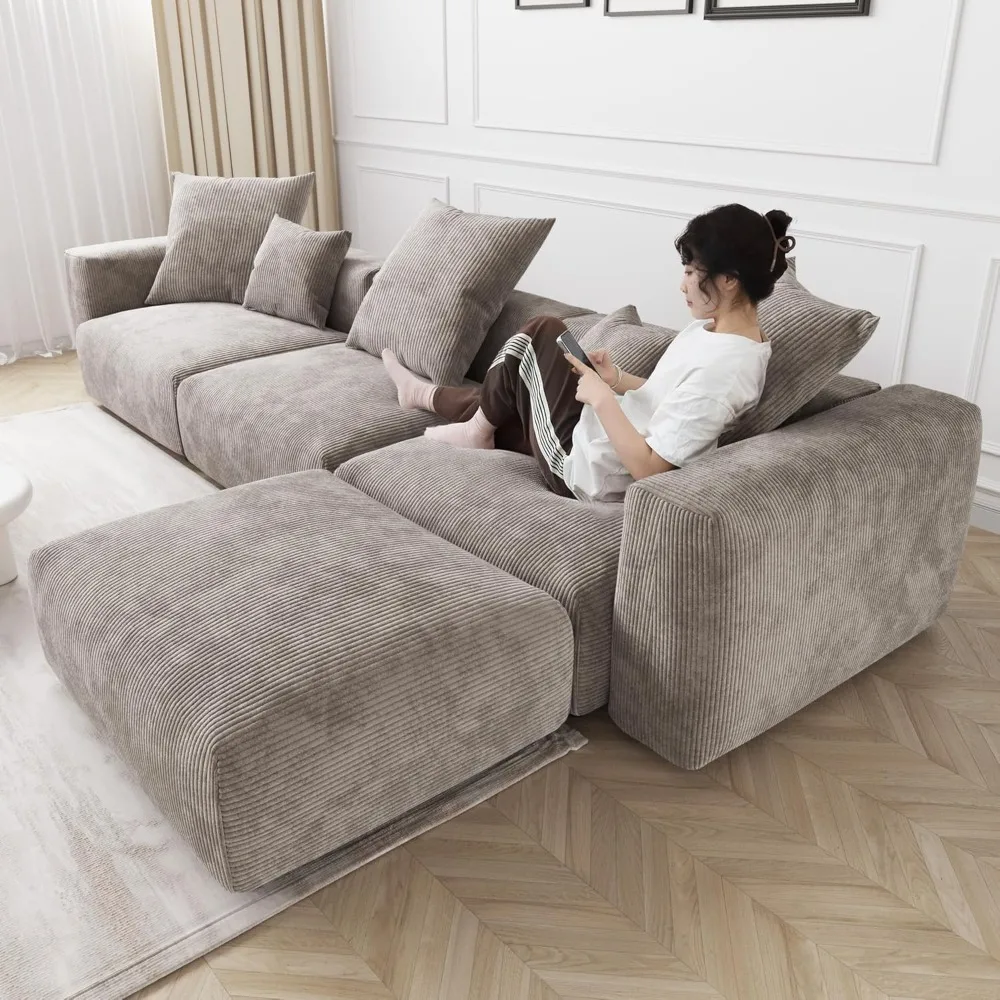 Modern Sectional Couch Sofa, Corduroy Modular Sectional Couch with Chaise Ottoman, Cushion Covers Removable