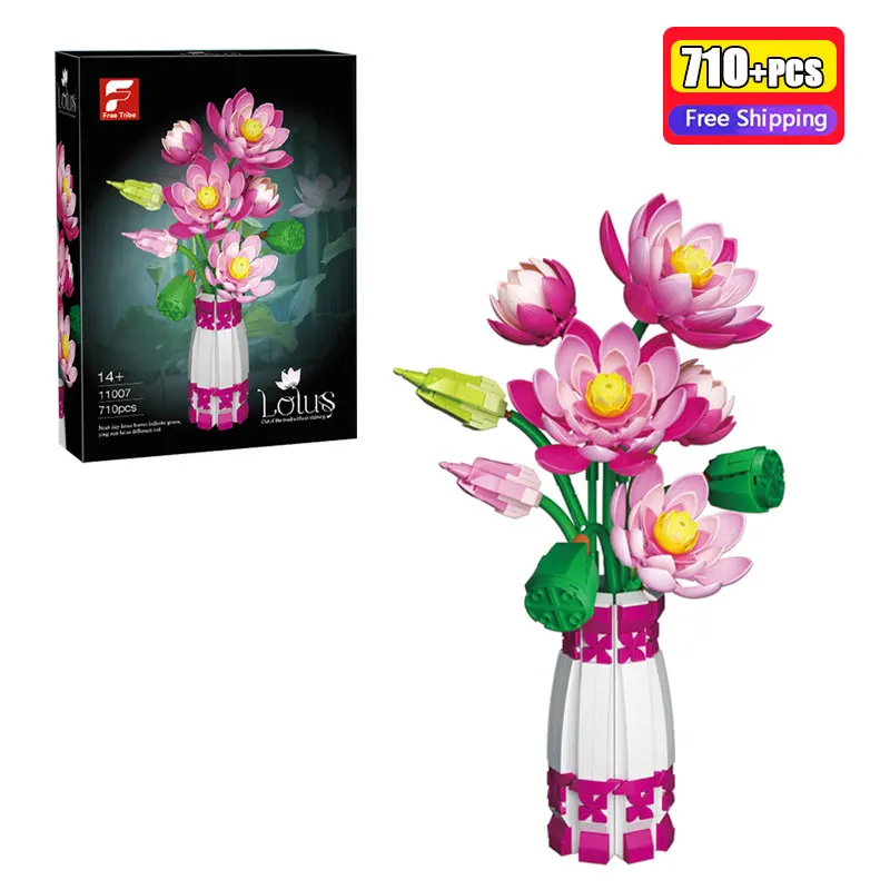 

710 шт. букет цветов лотоса, имитация модели, комплект строительных блоков, ботаническая коллекция, креативный домашний декор, подарок для девочек