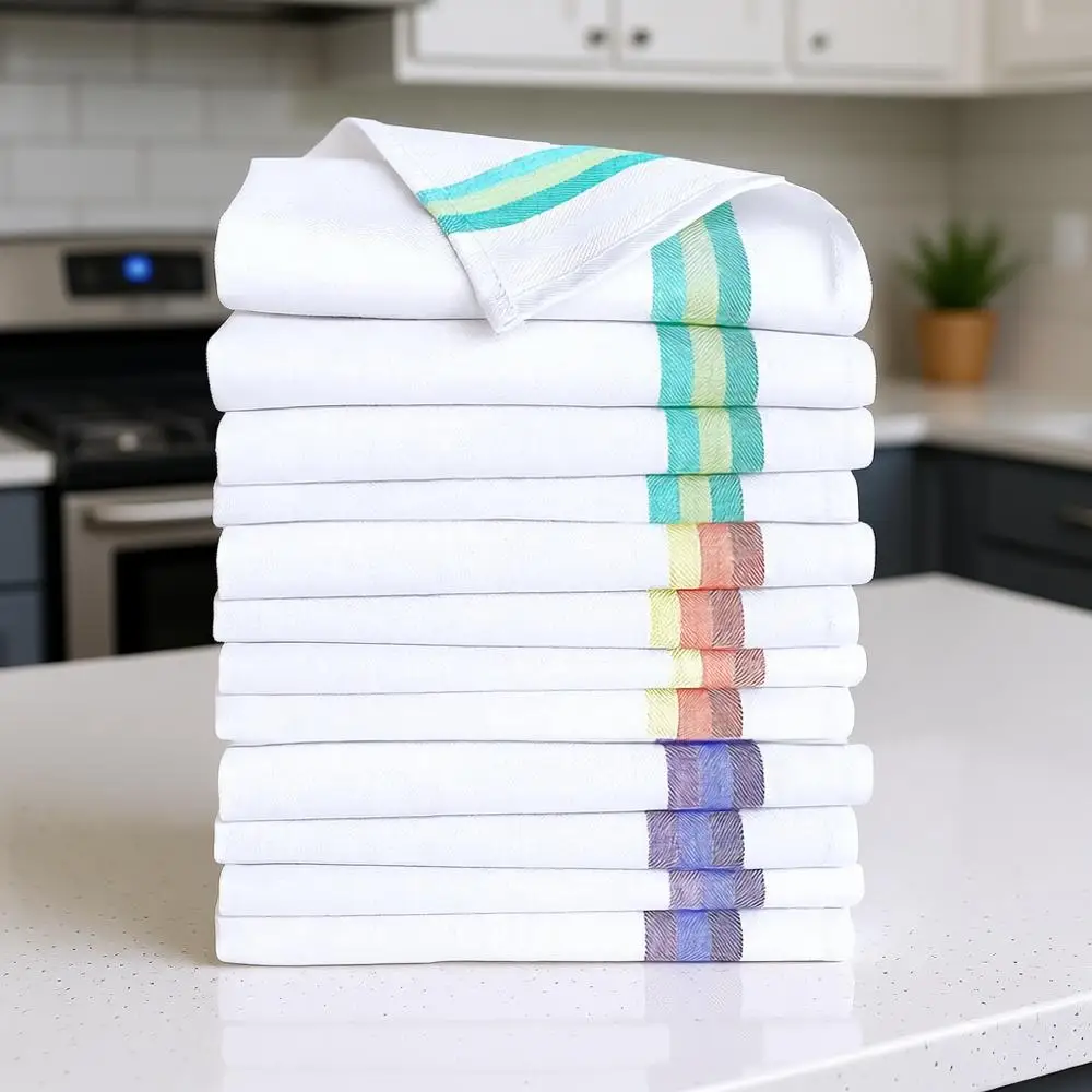 

Natural Cotton Kitchen Towels (12 Pack) - Large 28x20, Reusable Dish Cloths with Hanging Loop, Assorted Colors