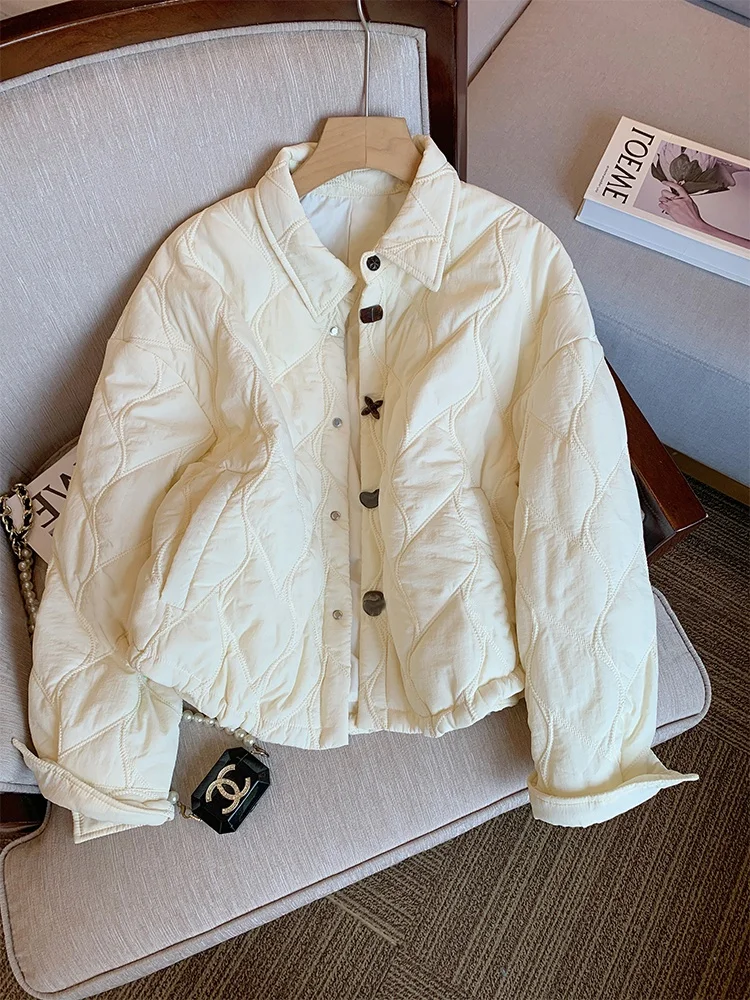 

Ele Winter Хлопковая куртка женская корейская с воротником на пуговицах с отложным воротником сэндвич-хлопковая теплая светло-бежевая